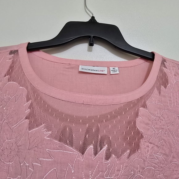 ISAAC MIZRAHI Floral Stitched Mesh Detail Short Sleeve Linen Blend Top XL Pink - Picture 6 of 12